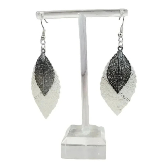 Black and Silver Skeleton Leaf two layer Dangle Earrings - Picture 1 of 8